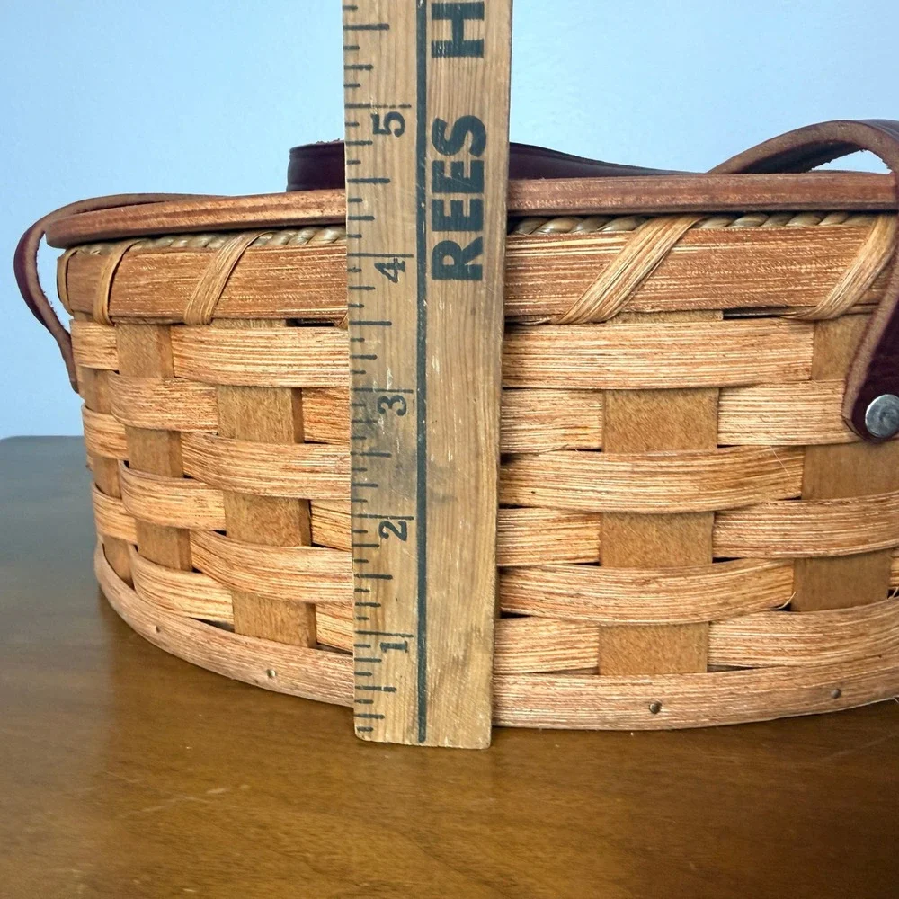 Handmade Pie Basket Large Brown Woven Wood Carrier Vintage Leather Straps